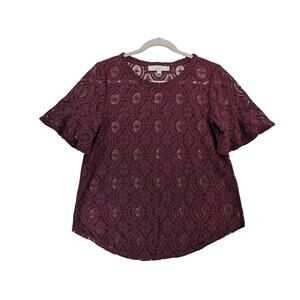 LOFT Sheer Lace Blouse‎ XS Burgundy Red Shirt Bell Short Sleeves Designer Flowy